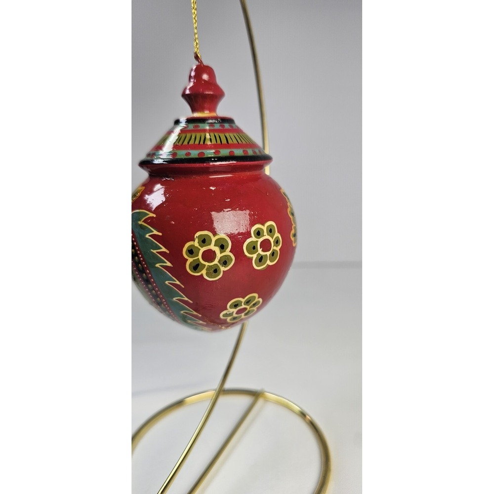 Hand Painted Wooden Christmas Ornament Red Paisley Floral - Picture 2 of 5